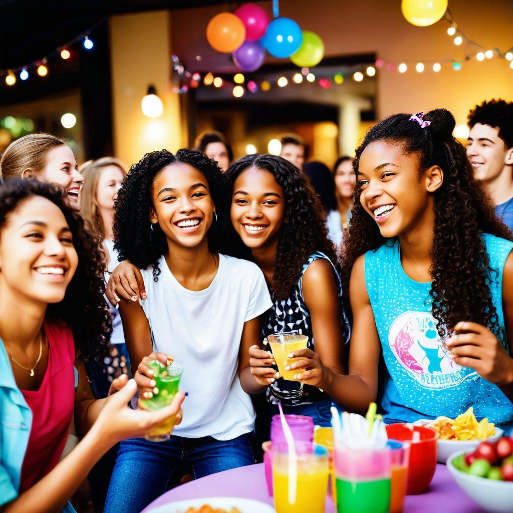 A dynamic scene of diverse teens joyfully interacting at a vibrant gathering, surrounded by colorful decorations and engaging activities like games and music. Emphasize laughter, smiles, and bonding moments, with snacks and drinks being shared. Bright, warm lighting to evoke a sense of happiness and connection. super-realistic. vibrant colors. soft focus.