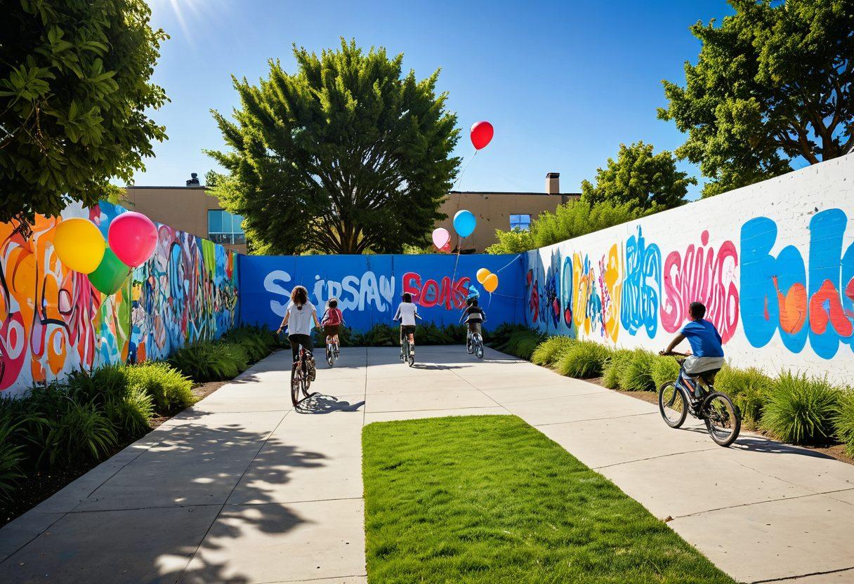 A vibrant neighborhood scene featuring diverse teens engaging in fun activities like skating, biking, and playing games in a sunny park. Festive decorations like balloons and banners hang in the background, creating an atmosphere of joy and connection. Include colorful graffiti on nearby walls and cheerful facial expressions. The setting should convey a sense of community and friendship, with greenery and bright blue skies. super-realistic. vibrant colors. 3D.