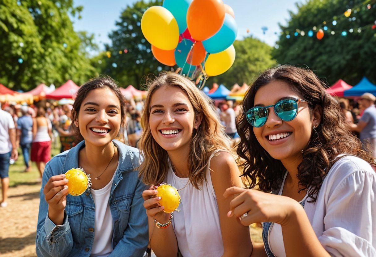 A vibrant community gathering scene with diverse groups of people engaging in fun activities like games, food stalls, and laughter-filled conversations in a sunny park. Include colorful decorations, balloons, and a stage where local performances are happening. Capture the essence of friendship and joy, with a warm atmosphere and smiling faces. Illustrate a sense of connection and togetherness. super-realistic. vibrant colors. sunny backdrop.